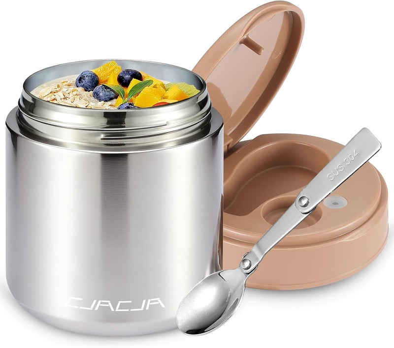 CJACJA Thermo for Hot Food Kids - 15.2 Oz, Insulated Food Jar for Soup, Width Mouth Stainless Steel Insulated Lunch Container with Folding Spoon, Stainless Steel - Image 1